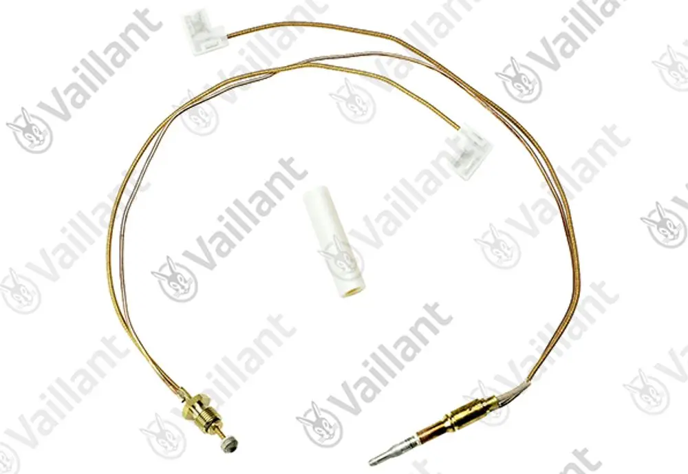 Vaillant Thermoelement mit zwei Kabelanschlüssen und einer geschützten Fühlerhülse, geeignet für den Einsatz in Heizsystemen.